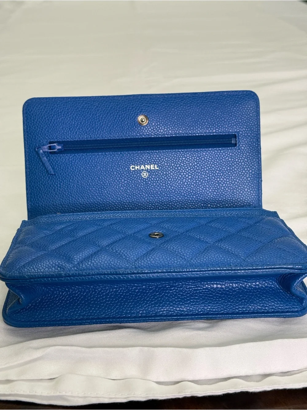 CHANEL Quilted Caviar Leather Wallet in Royal Blue with Gold CC
